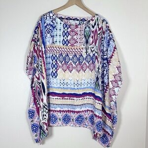 Chicos Womens L XL Poncho Tunic Blouse Multicolor Patchwork Boho Resort Top